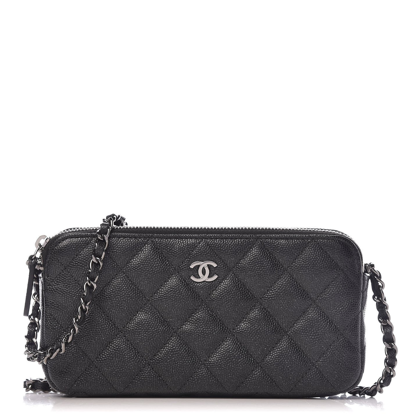Iridescent Caviar Quilted Clutch With Chain Black