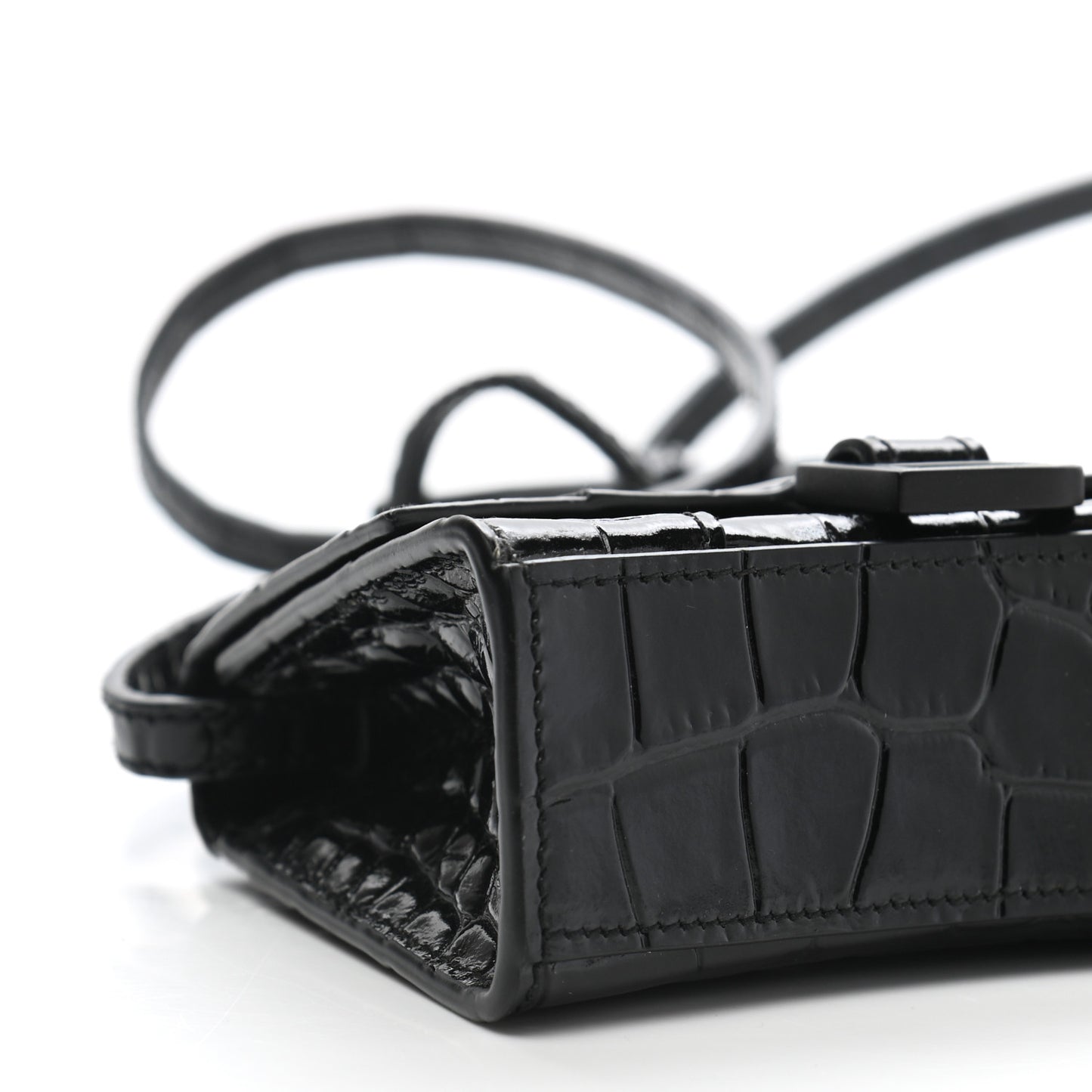Shiny Calfskin Monochrome Crocodile Embossed Hourglass Top Handle Bag Mini Black