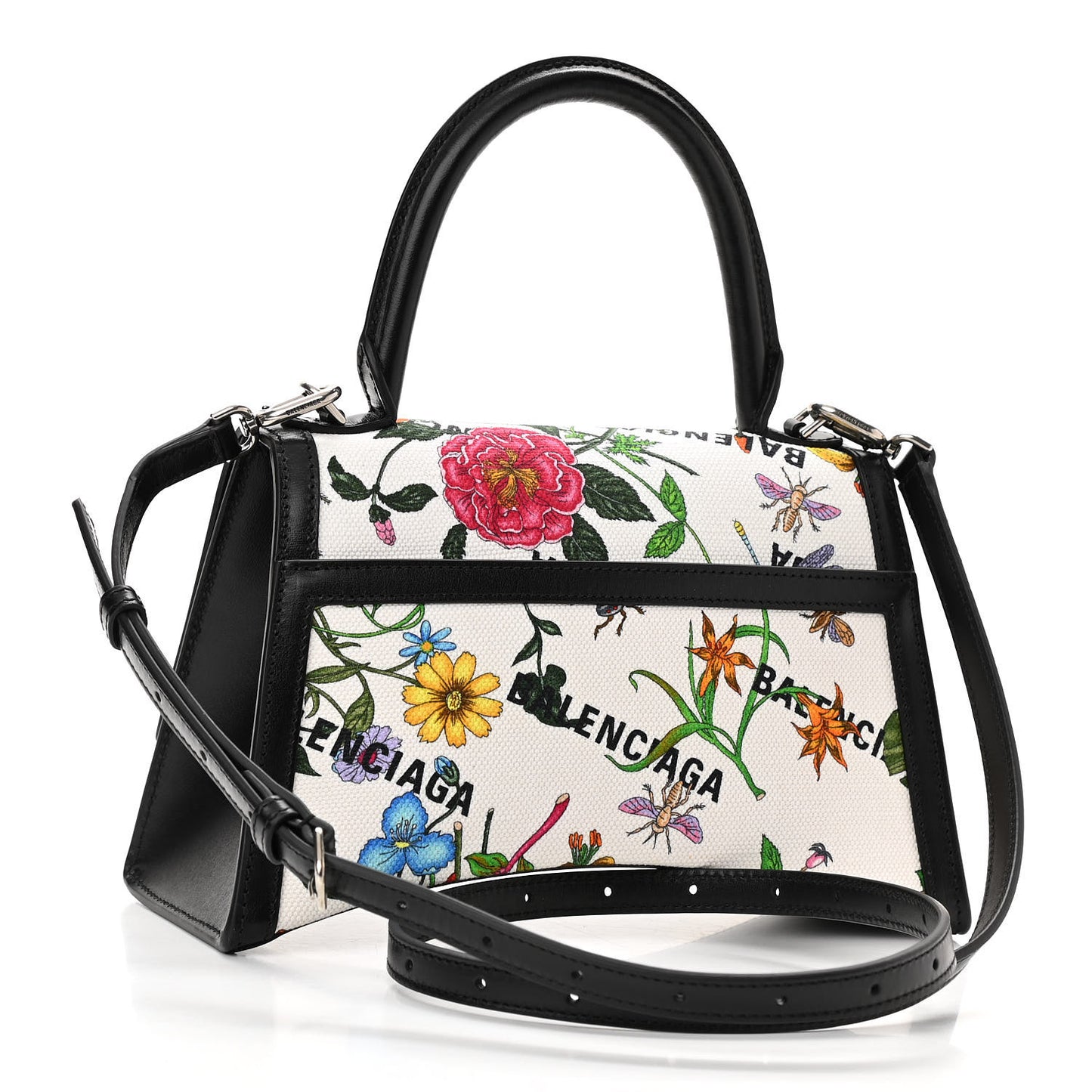 X GUCCI Canvas Boarded Plutone Calfskin Flora Logo Print Small Hourglass Top Handle Bag White Multicolor Black