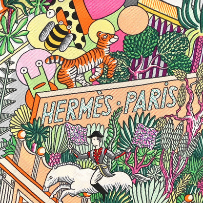 Hermes Silk Animapolis Scarf 90 Jaune Vif Vert Rose 3 of 4