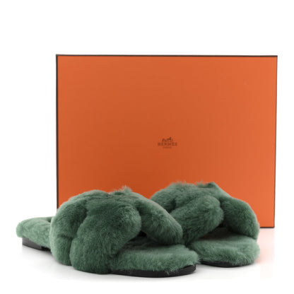 Hermes Woolskin Oran Sandals 37.5 Vert Anglais 9 of 9