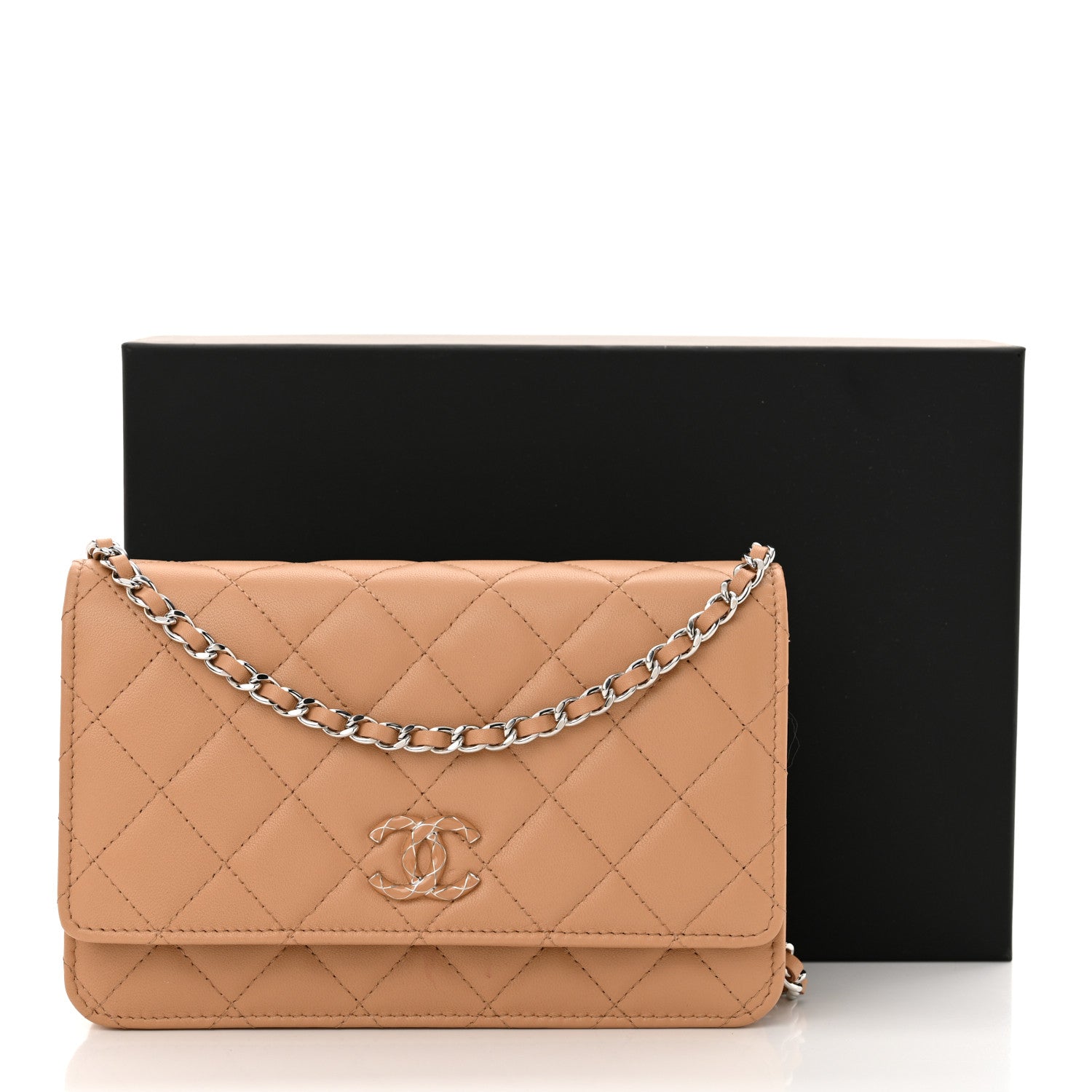 Chanel Lambskin Enamel Quilted Wallet on Chain WOC Beige 13 of 13