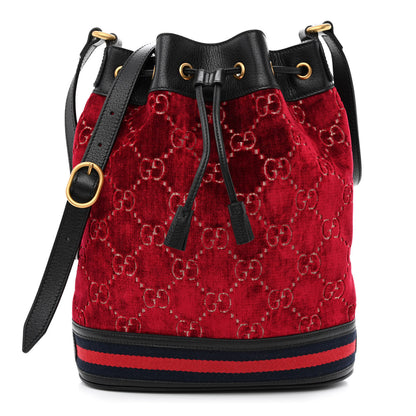 Gucci Velvet GG Monogram Textured Calfskin Web Bucket Bag Red Cipria Black 1 of 11