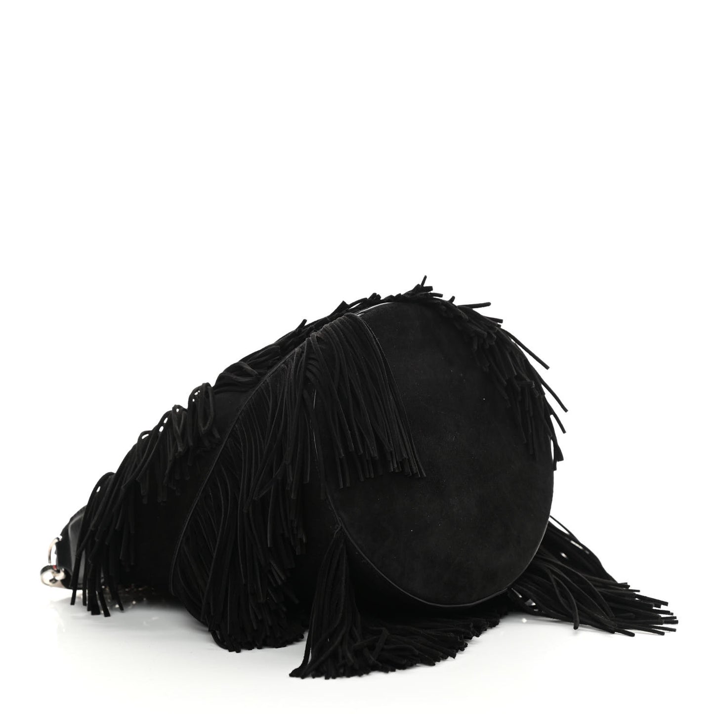 Suede Calfskin Fringe Marie Jane Bucket Black