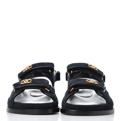 Chanel Velvet Velcro Dad Sandals 37 Navy Blue 2 of 15