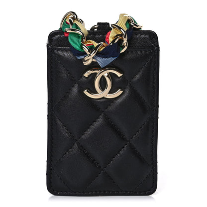 Chanel Shiny Lambskin Ribbon Quilted Card Holder On Chain Black 1 of 7