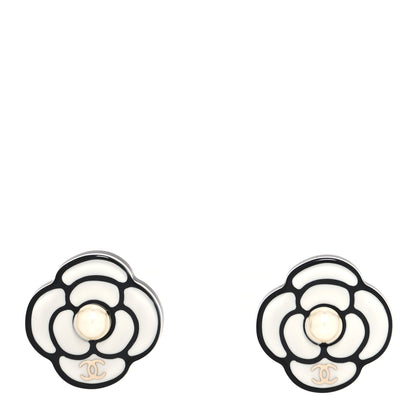 Chanel Resin Pearl Camelia Earrings Black White 1 of 4