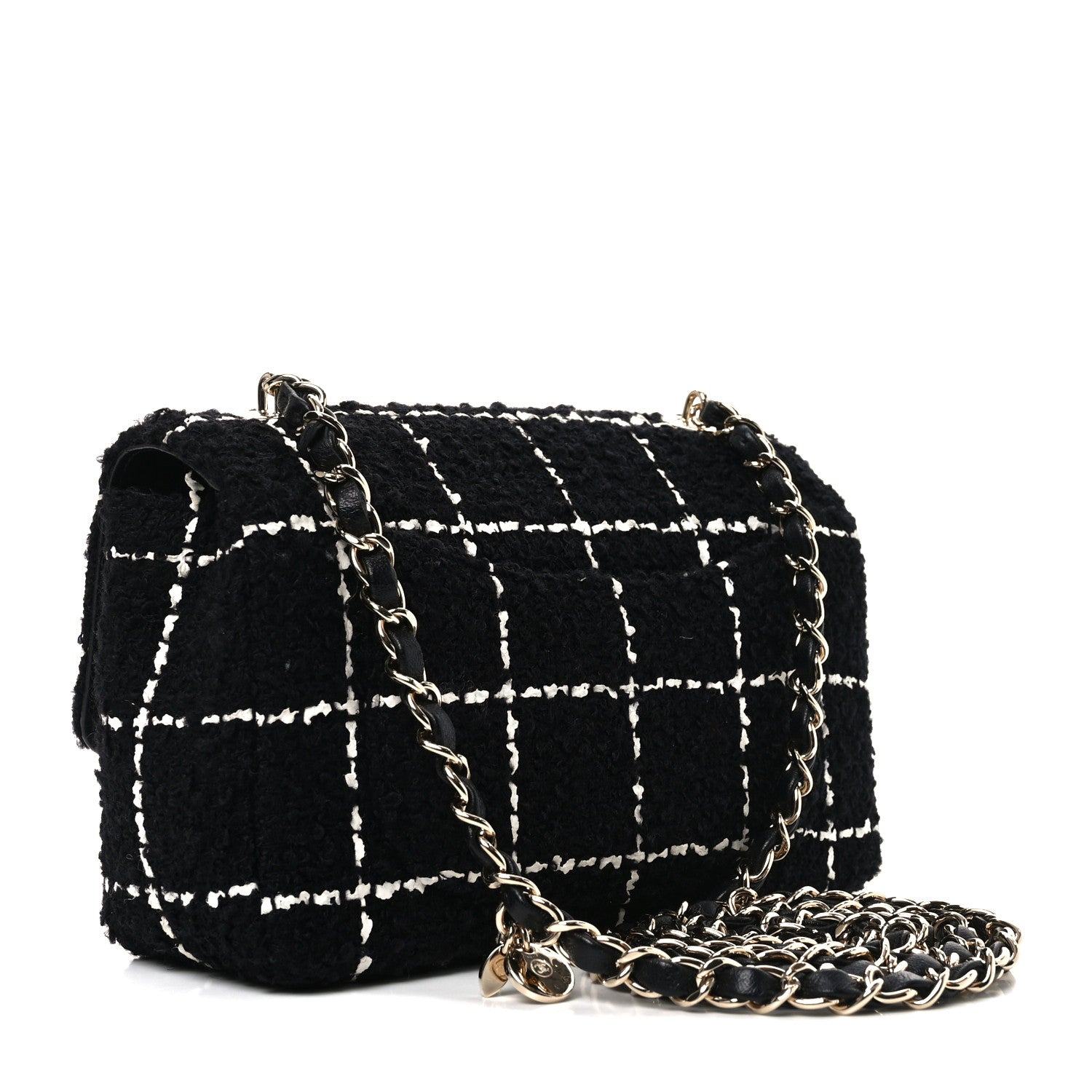 Chanel Tweed Quilted Mini Rectangular Camellia Flap Black White 2 of 10