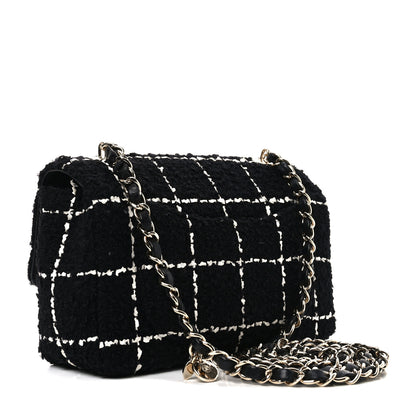 Chanel Tweed Quilted Mini Rectangular Camellia Flap Black White 2 of 10