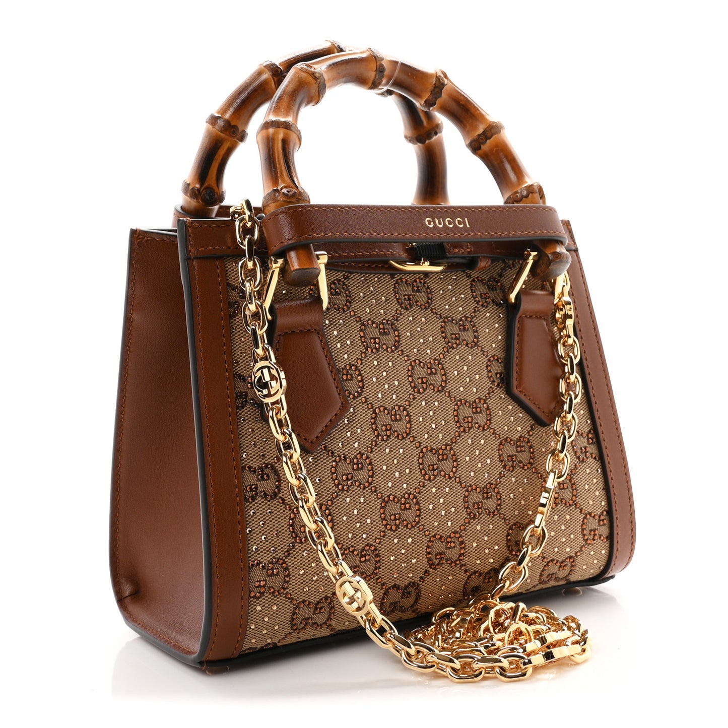 New Canvas Charisma Calfskin Crystal GG Monogram Mini Diana Tote Bag Camel Ebony