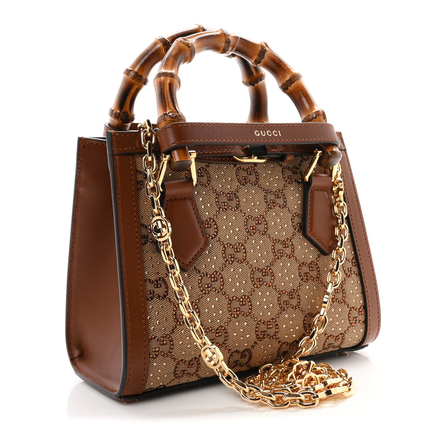 Gucci New Canvas Charisma Calfskin Crystal GG Monogram Mini Diana Tote Bag Camel Ebony 3 of 11