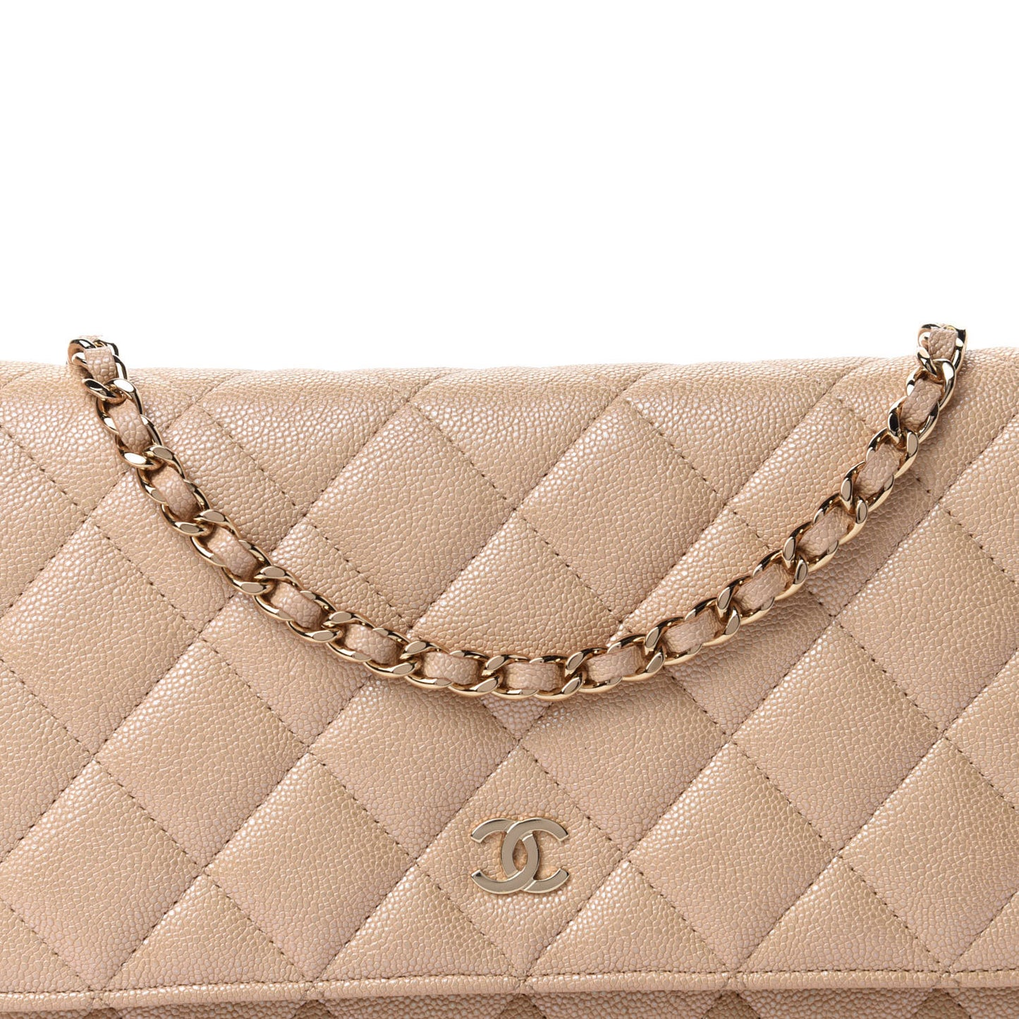 Iridescent Caviar Quilted Wallet On Chain WOC Beige
