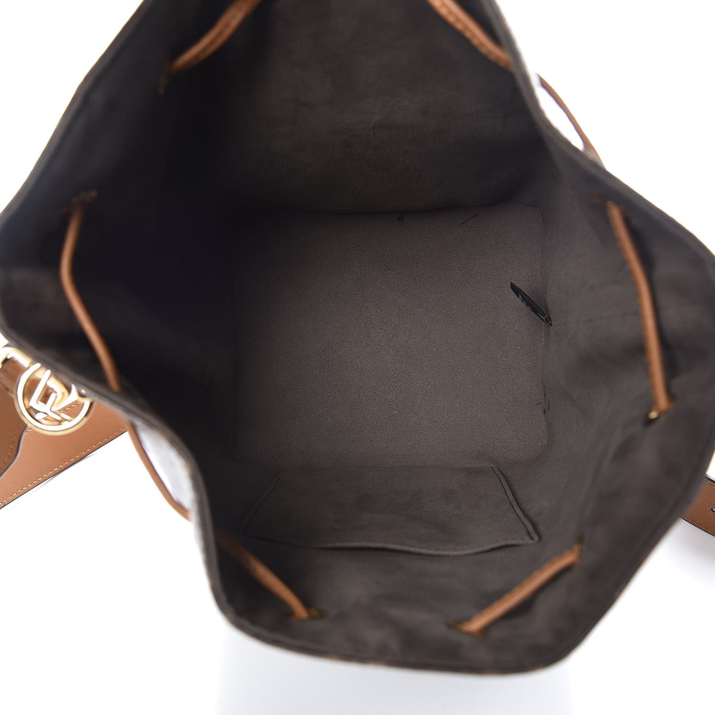 Glazed Fabric Vitello Grace F is Fendi FF 1974 Stamp Patch Grande Mon Tresor Bucket Bag Mogano Panna Nocciola