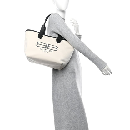 Balenciaga Cotton Canvas Calfskin BB Logo Jumbo Small Tote Bag Black White 2 of 9