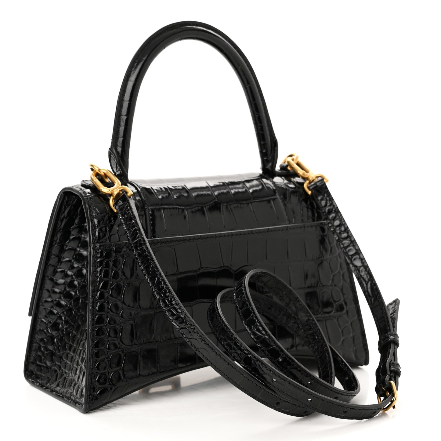 Shiny Calfskin Crocodile Embossed Small Hourglass Top Handle Bag Black
