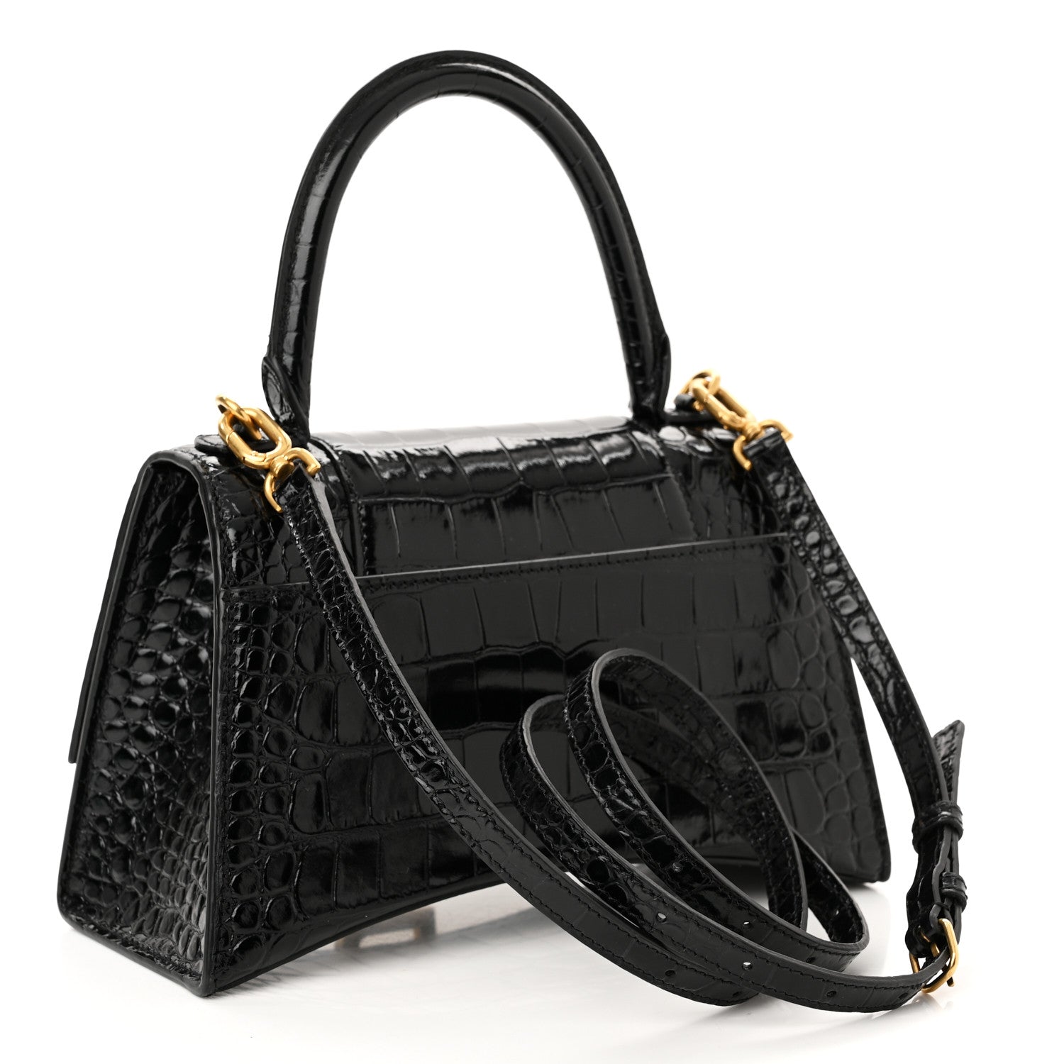 Balenciaga Shiny Calfskin Crocodile Embossed Small Hourglass Top Handle Bag Black 2 of 8