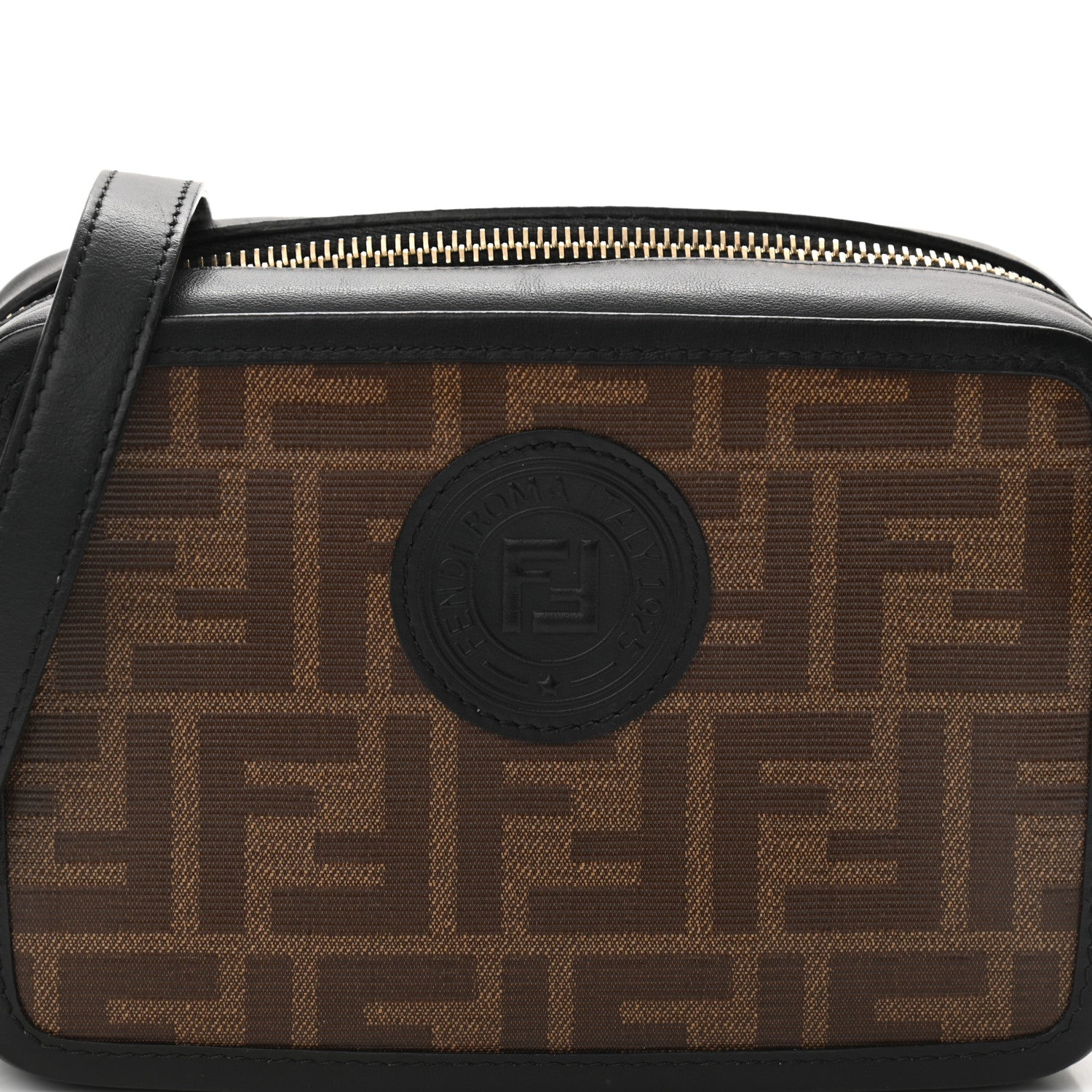 Fendi Glazed Fabric Vitello Century FF 1974 Stamp Patch Mini Camera Case Mogano Panna Black 9 of 11