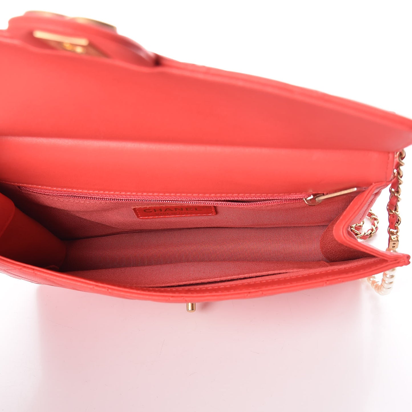 Lambskin Quilted Large Pearl Chain Flap Bag Red