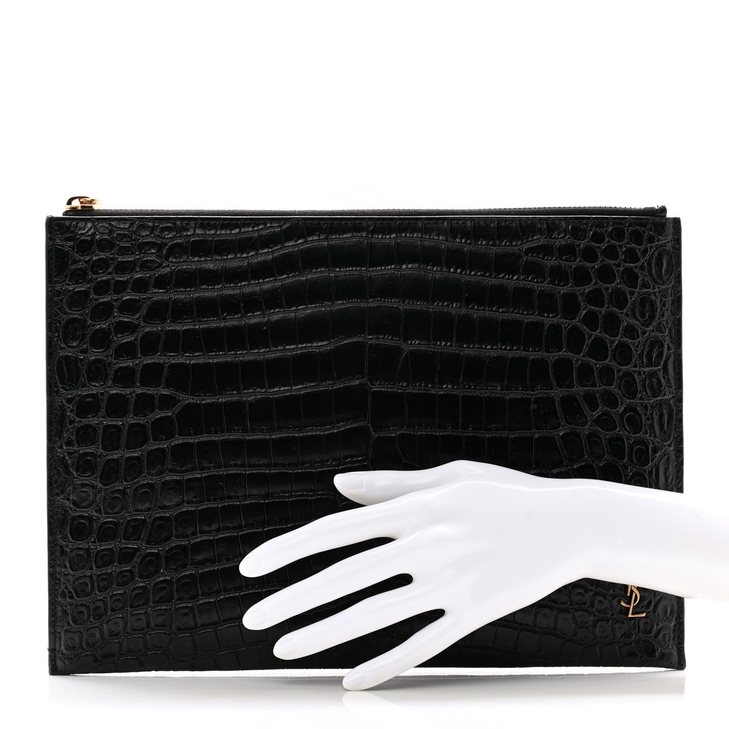 Calfskin Crocodile Embossed Tiny Monogram Zipped Tablet Holder Black