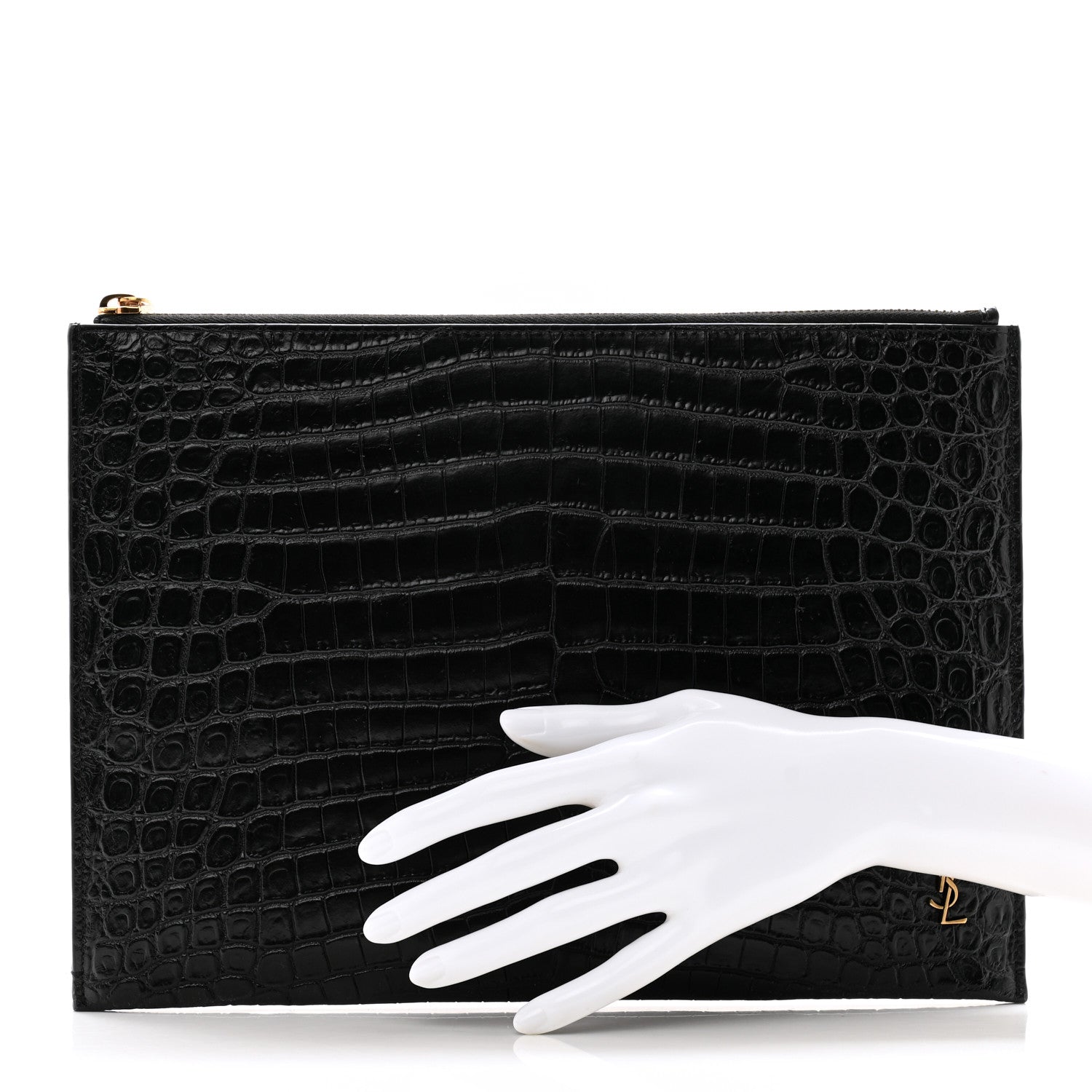 Saint Laurent Calfskin Crocodile Embossed Tiny Monogram Zipped Tablet Holder Black 2 of 9