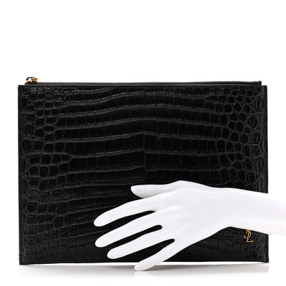 Saint Laurent Calfskin Crocodile Embossed Tiny Monogram Zipped Tablet Holder Black 2 of 9