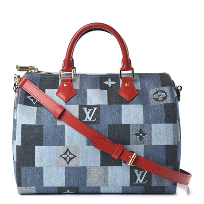 Louis Vuitton Denim Damier Monogram Patchwork Speedy Bandouliere 30 Blue Rouge 1 of 11