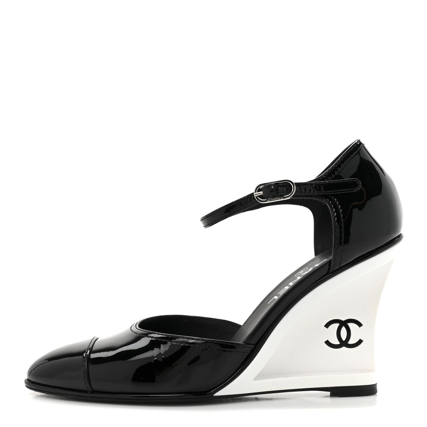 Patent Cap Toe CC Wedge Ankle Strap Pumps 39.5 Black White