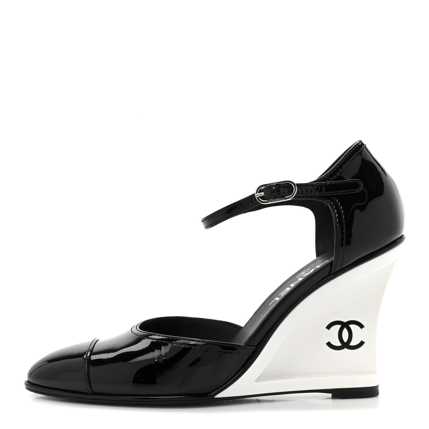 Chanel Patent Cap Toe CC Wedge Ankle Strap Pumps 39.5 Black White 1 of 11