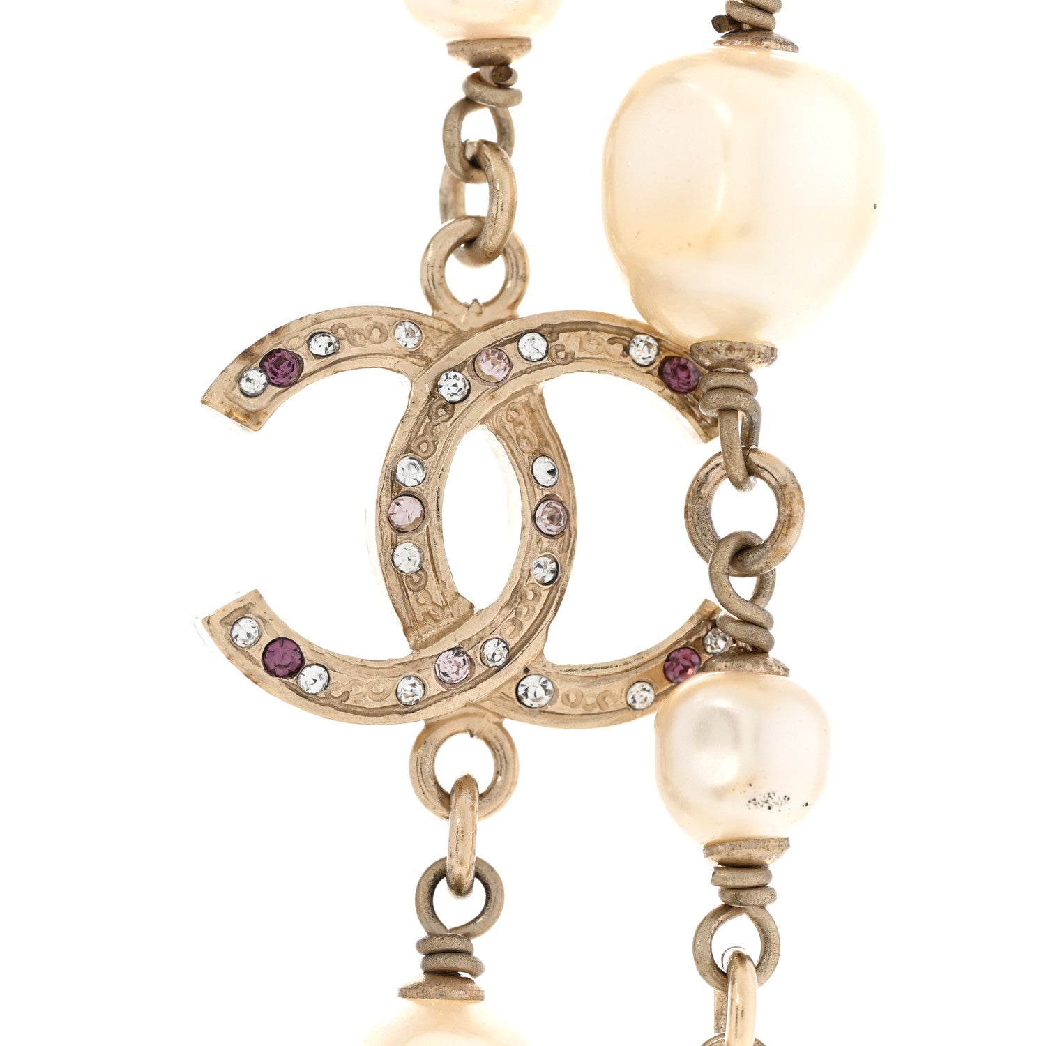 Chanel Beaded Pearl Crystal CC Long Strand Necklace Gold Purple 4 of 9