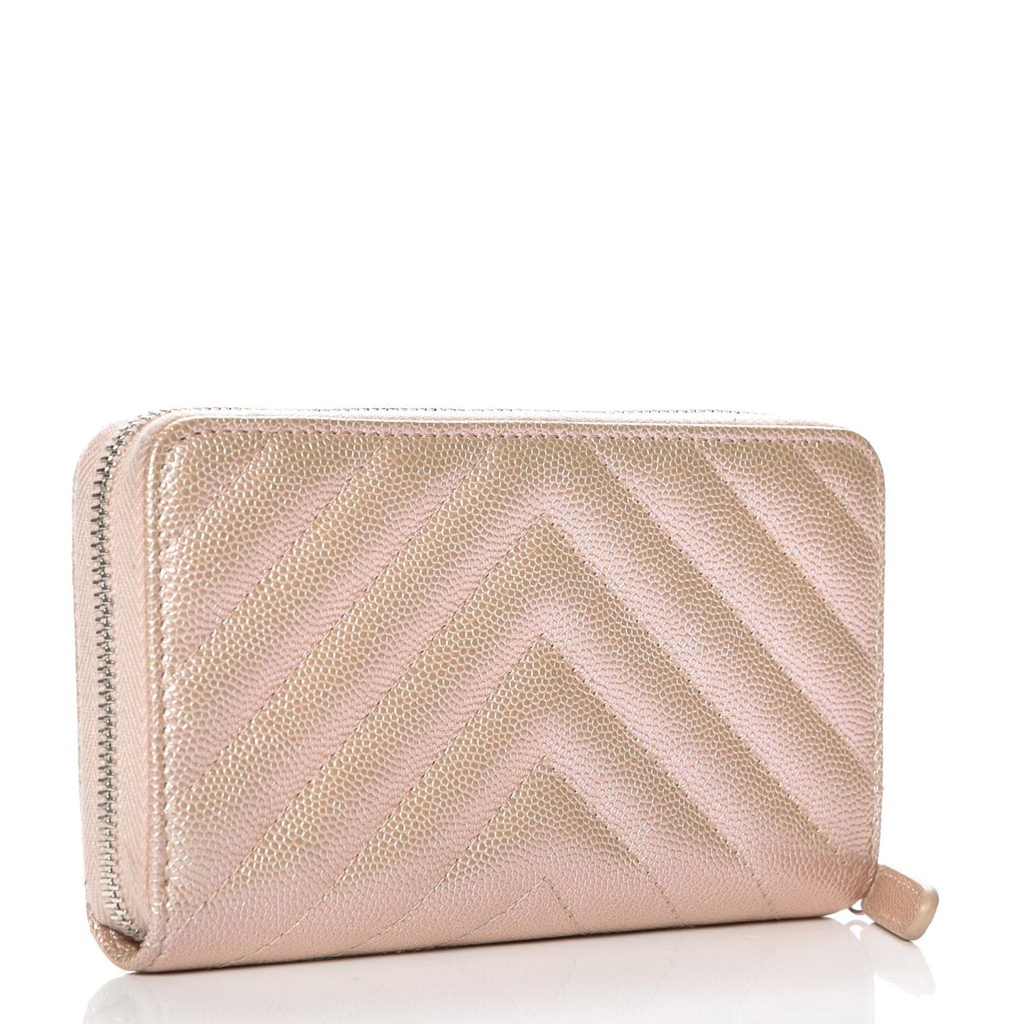 Metallic Caviar Chevron Quilted Small Zip Around Wallet Light Gold
