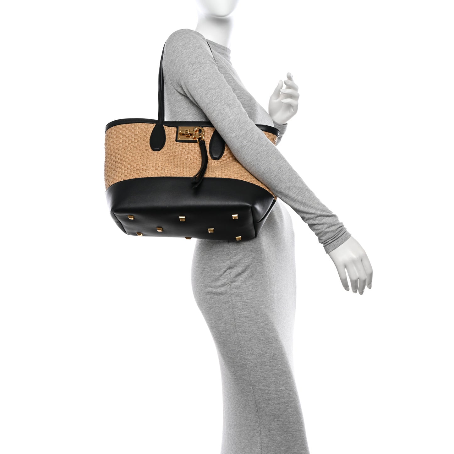 Woven Raffia Calfskin The Studio Tote Beige Black