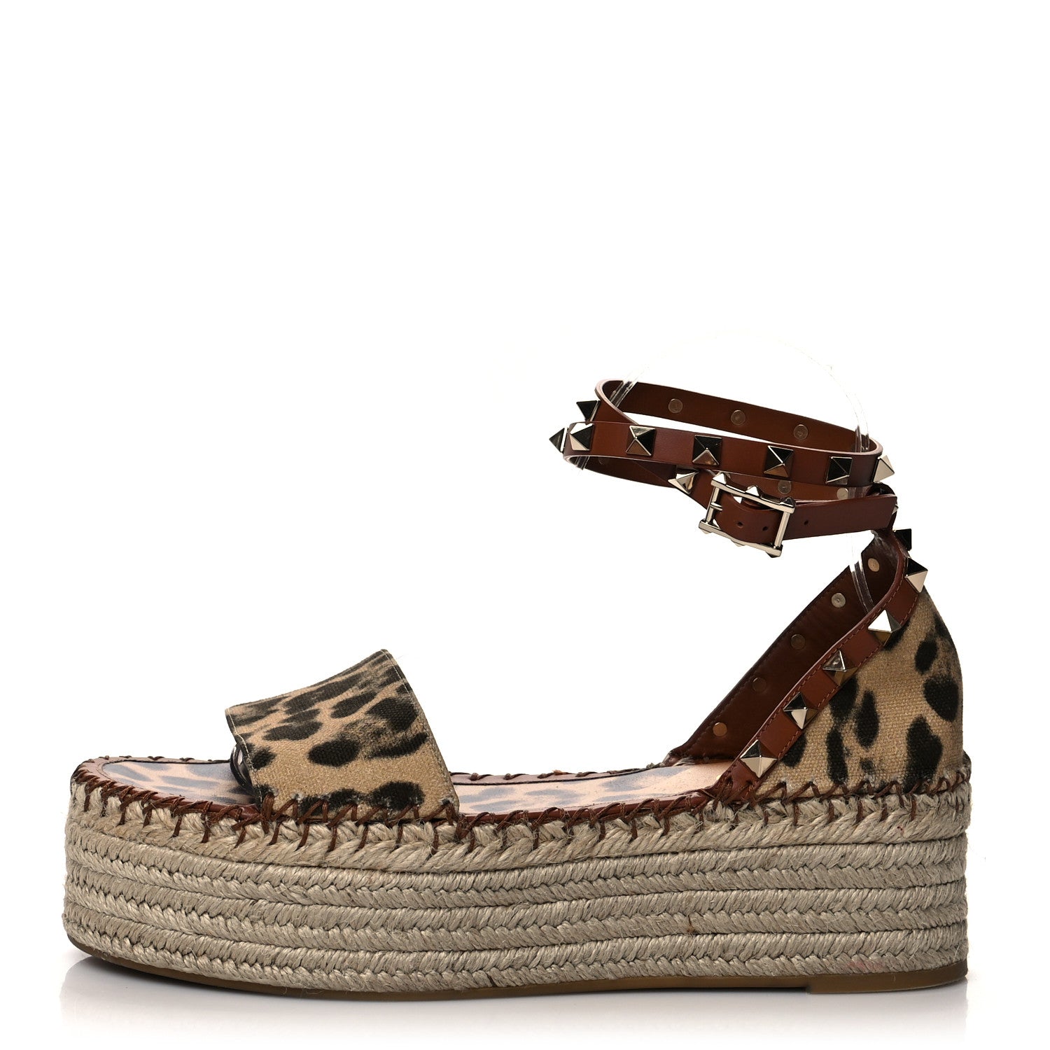 Valentino Garavani Canvas Leopard Print Rockstud Ankle Wrap Espadrille Flatform Sandals 38 Brown 1 of 9