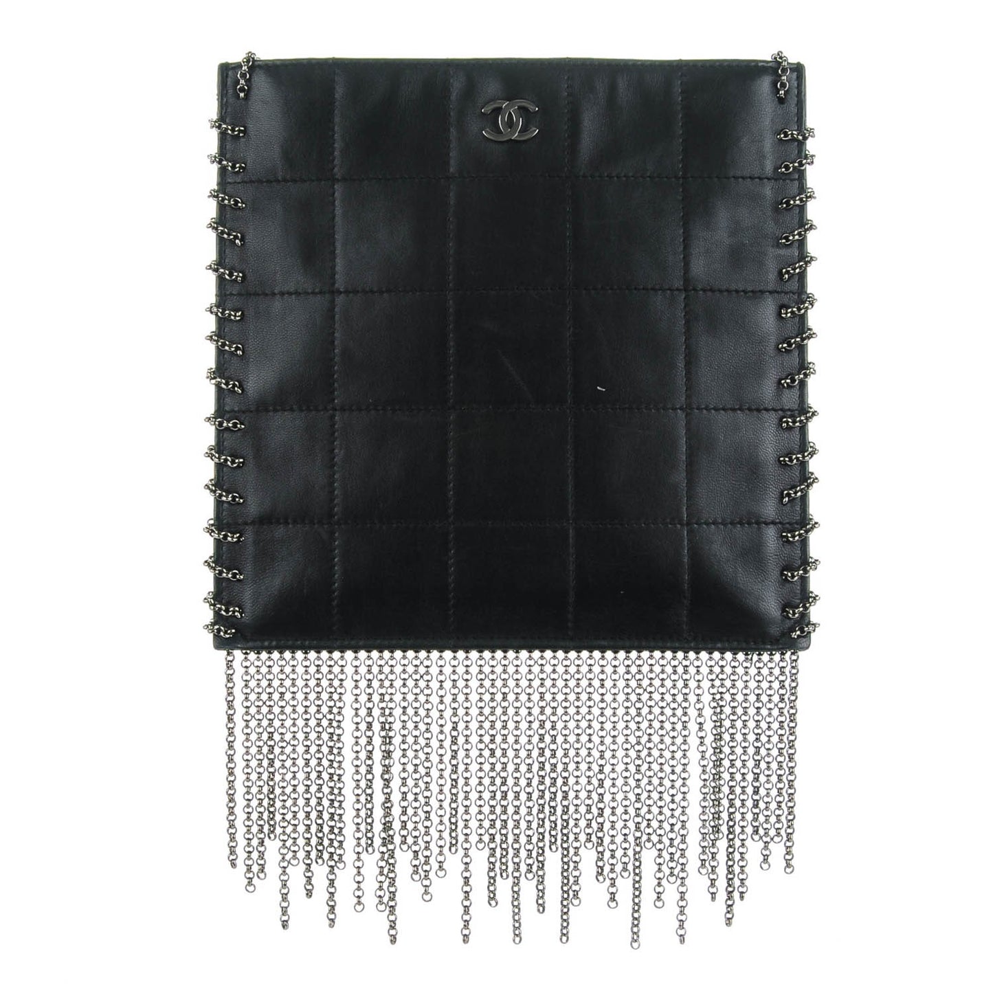 Lambskin Square Stitched Chain Fringe Crossbody Black