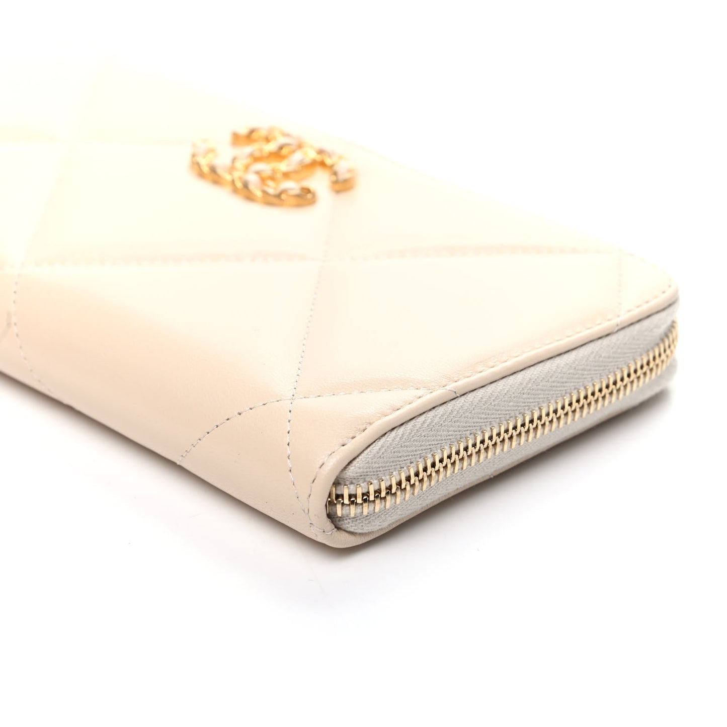 Shiny Goatskin Quilted 19 Long Zipped Around Wallet Beige