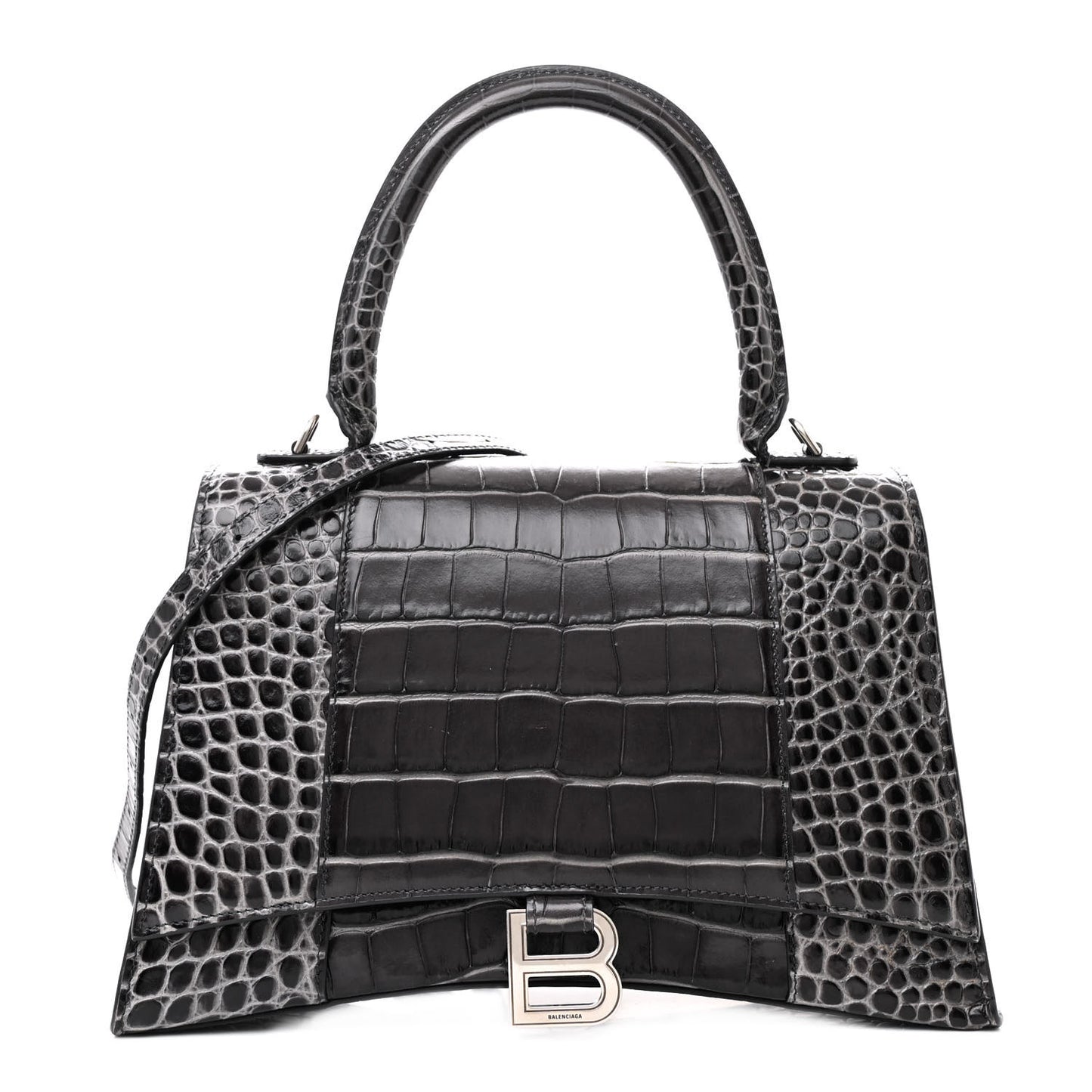 Shiny Calfskin Crocodile Embossed Medium Hourglass Top Handle Bag Dark Grey