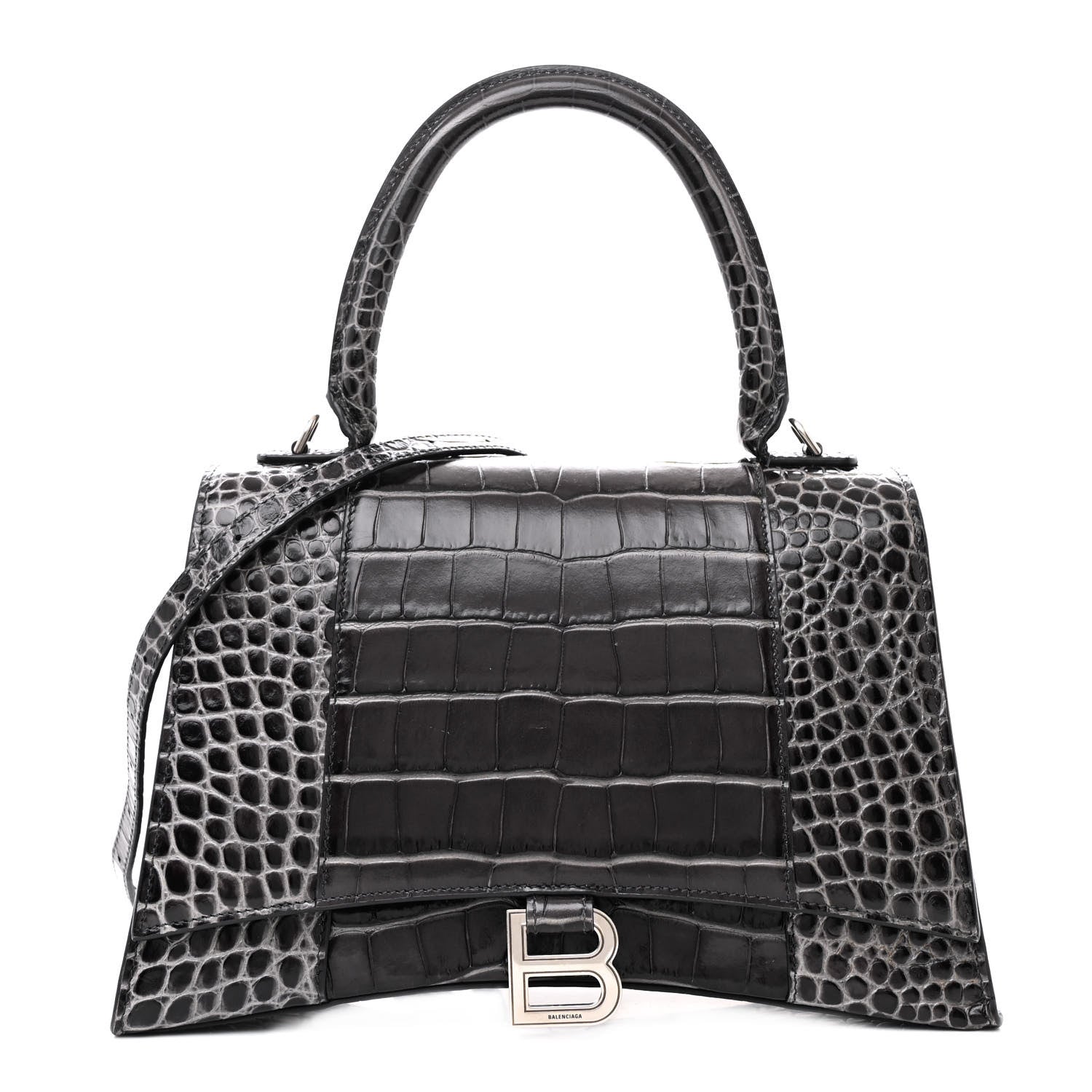 Balenciaga Shiny Calfskin Crocodile Embossed Medium Hourglass Top Handle Bag Dark Grey 1 of 10