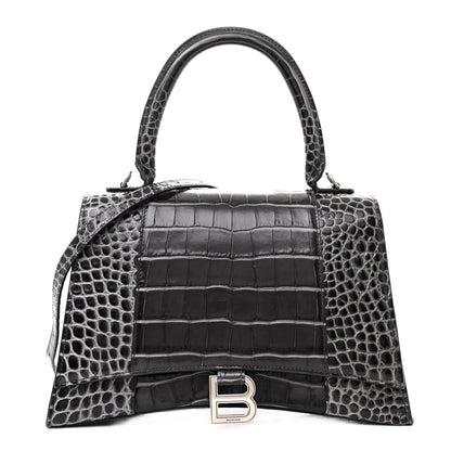 Balenciaga Shiny Calfskin Crocodile Embossed Medium Hourglass Top Handle Bag Dark Grey 1 of 10