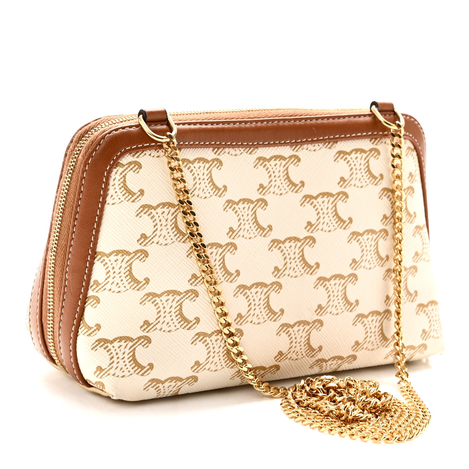 Celine Lambskin Triomphe Canvas Clutch With Chain White Tan 3 of 10