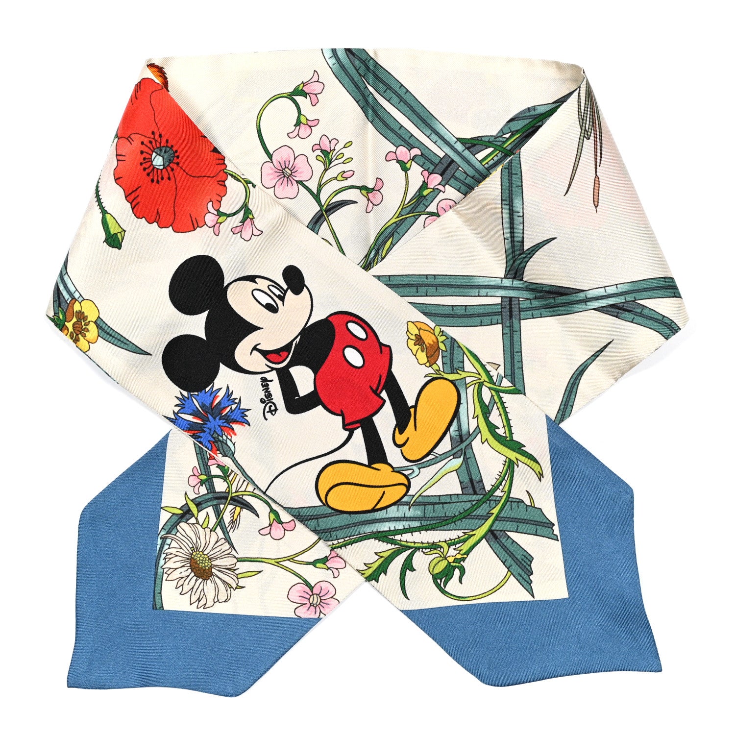 Gucci X DISNEY Silk Twill Mickey Lac Neck Bow Scarf Ivory Blue 1 of 4