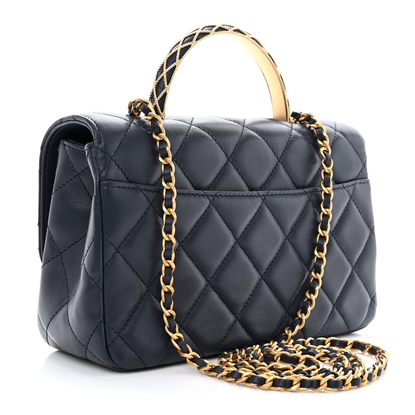 Lambskin Metal Quilted Twist Top Handle Flap With Chain Blue