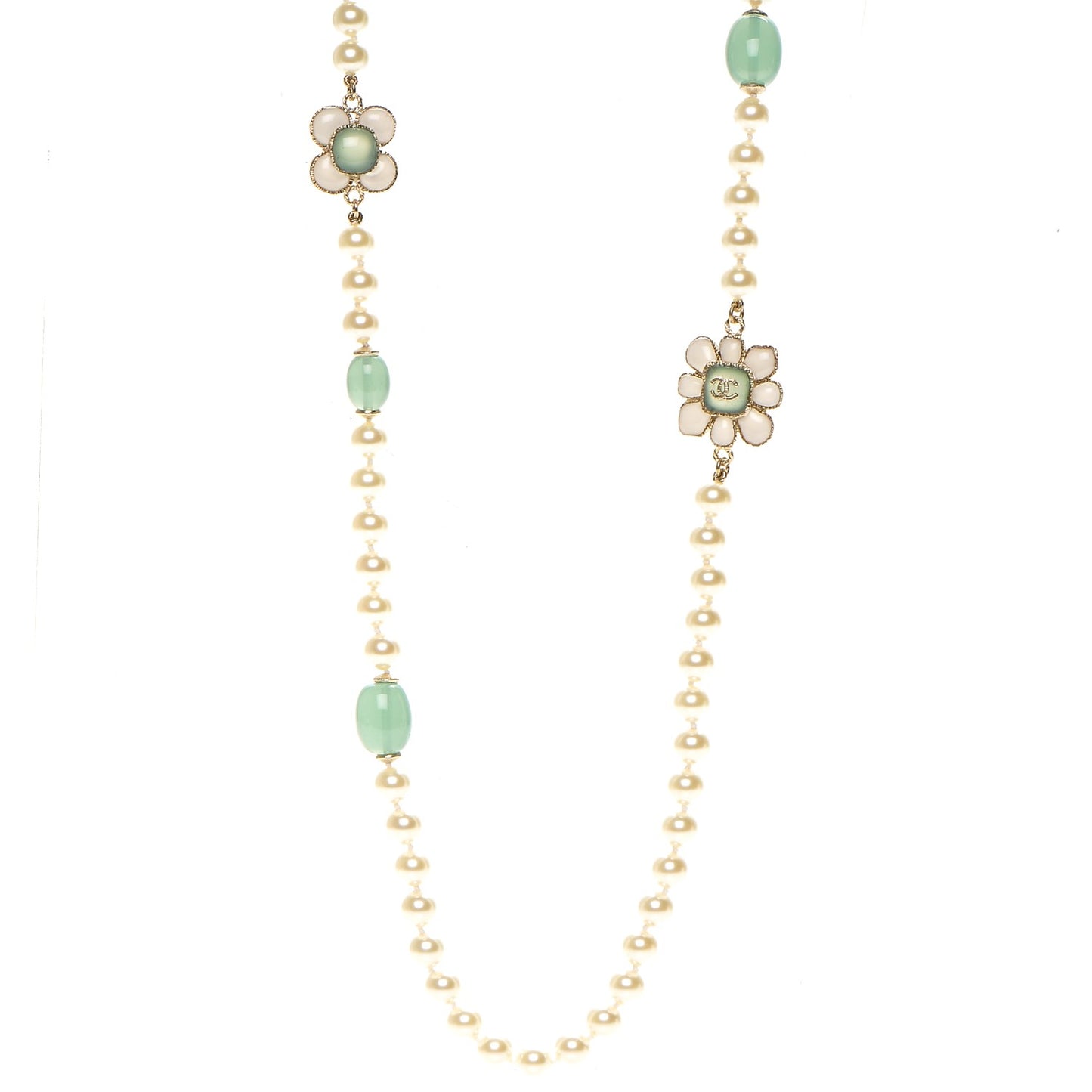 Pearl Gripoix Poured Glass Long Necklace Gold Green White