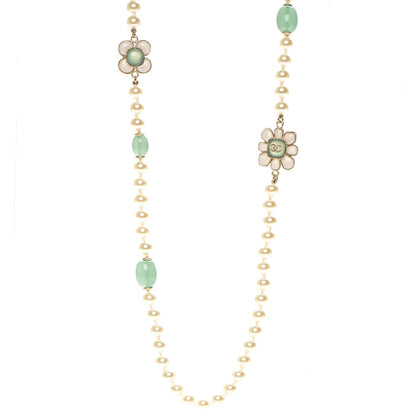 Chanel Pearl Gripoix Poured Glass Long Necklace Gold Green White 1 of 4