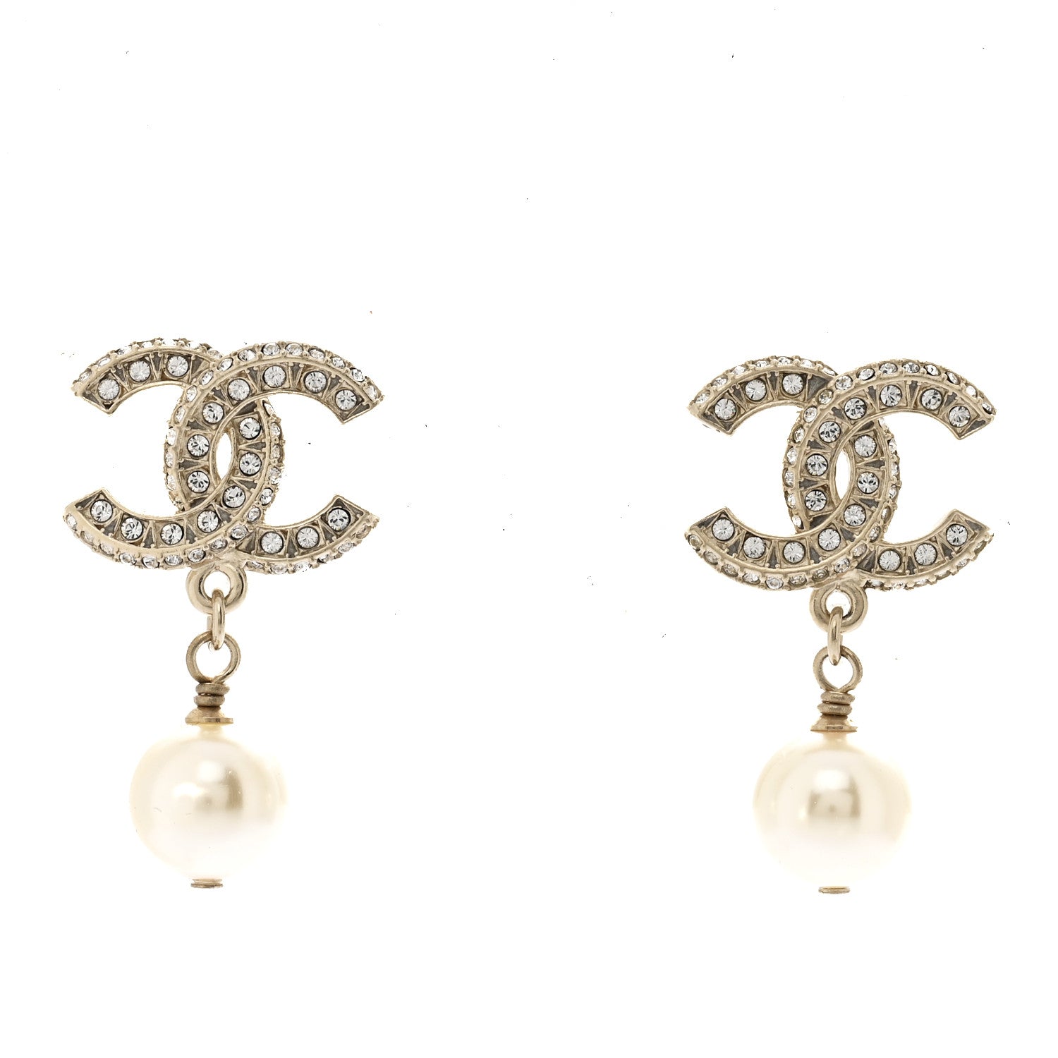 Chanel Crystal Pearl CC Drop Earrings Gold 1 of 5