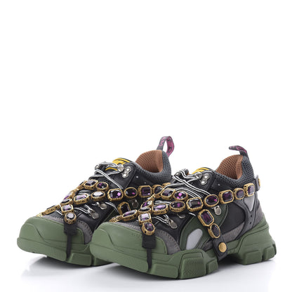 Gucci X SEGA Mesh Suede Calfskin Removable Crystals Flashtrek Sneakers 39.5 Loess Black Olive Green 3 of 10