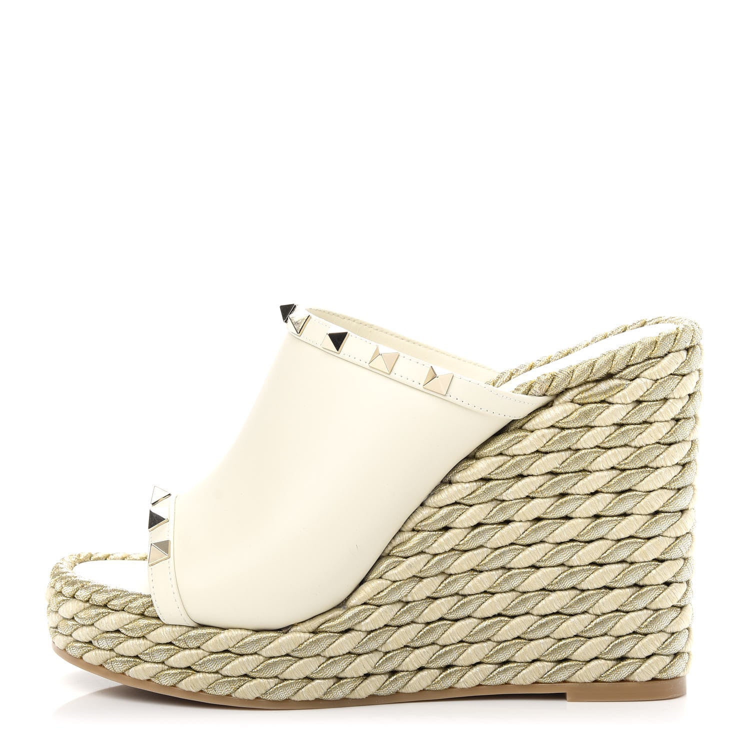 Valentino Garavani Calfskin Silk Rockstud Torchon Espadrille Wedge 25/115mm Slide Sandals 37 Light Ivory 1 of 10