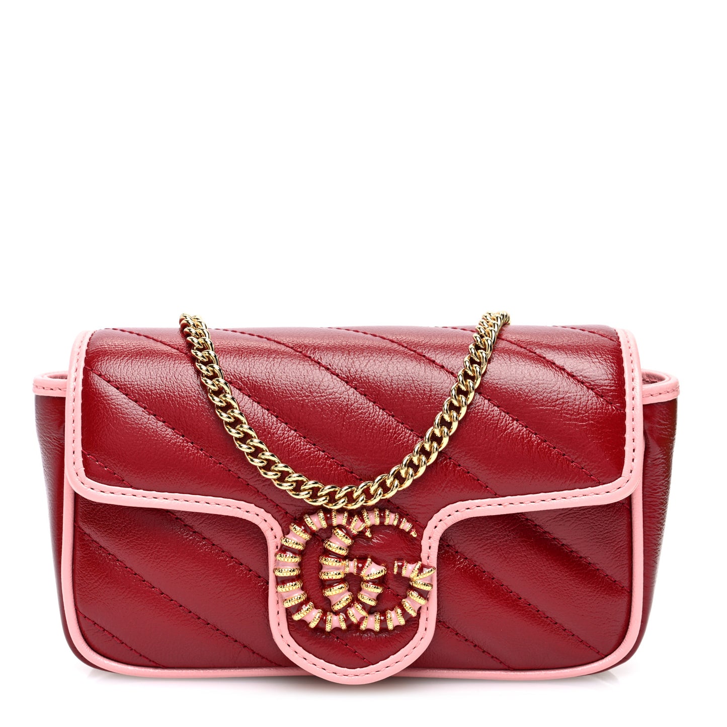 Azalea Calfskin Enamel Matelasse Diagonal Super Mini Torchon GG Marmont Shoulder Bag New Cherry Red Wild Rose