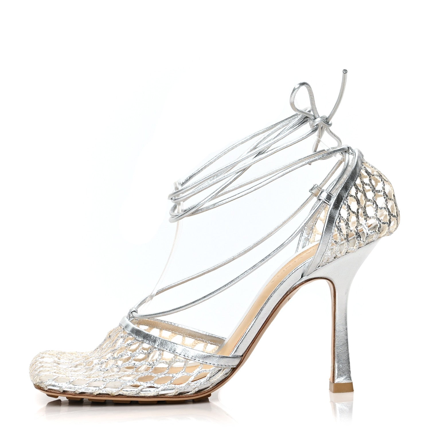 Bottega Veneta Mesh Metallic Nappa Stretch Ankle Tie Sandals 37 Silver 1 of 7