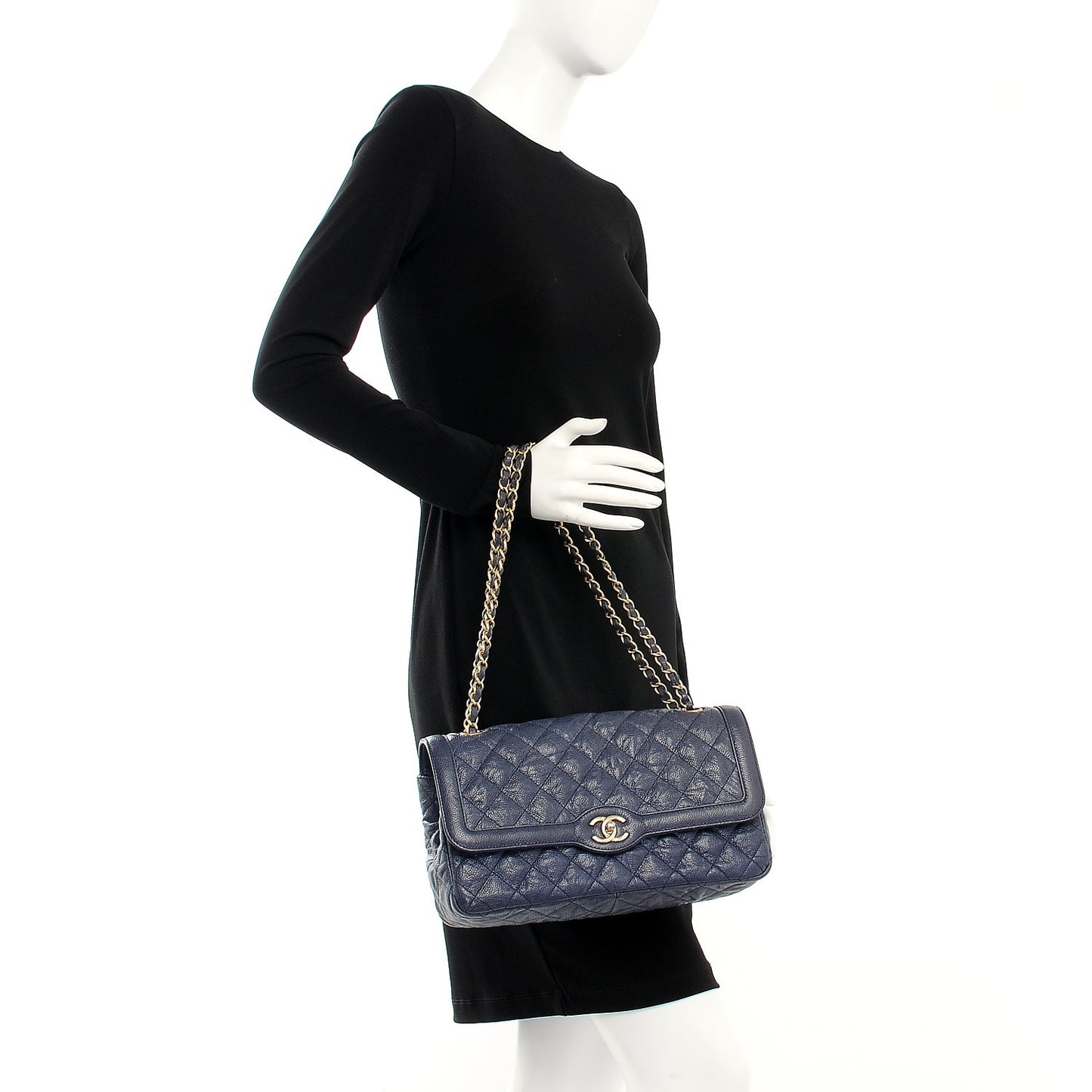 Crumpled Grained Calfskin Flap Navy Blue