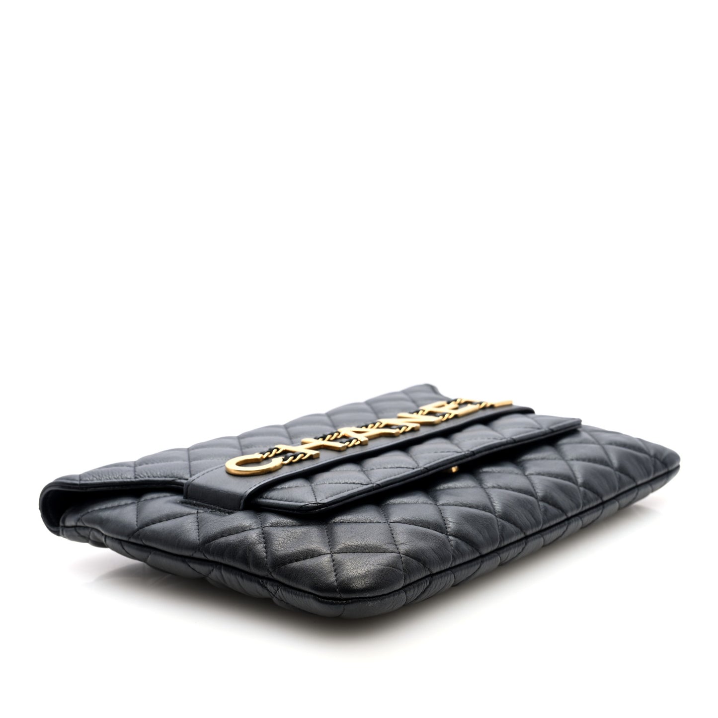 Calfskin Quilted Front Logo Enchained Clutch Black