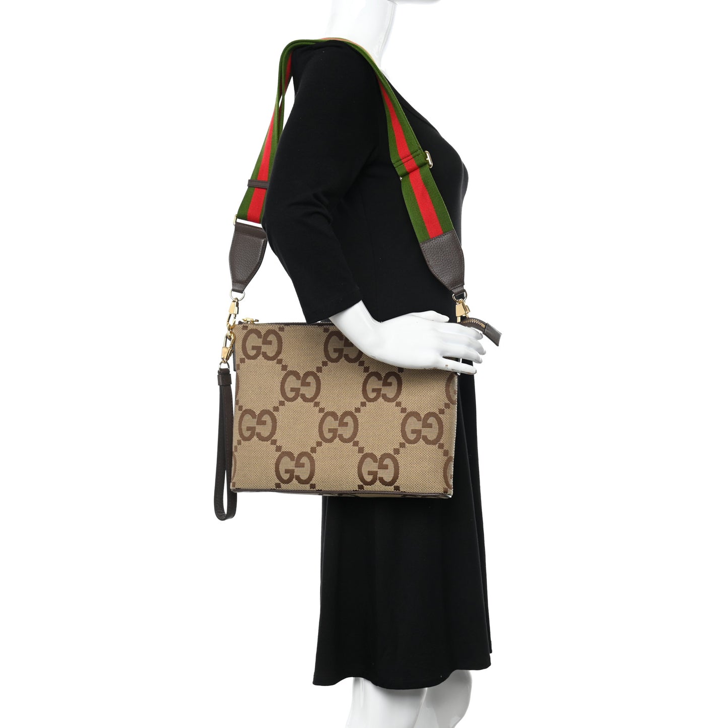 Monogram Jumbo GG Textured Dollar Calfskin Web Wristlet Messenger Bag Camel Ebony New Acero